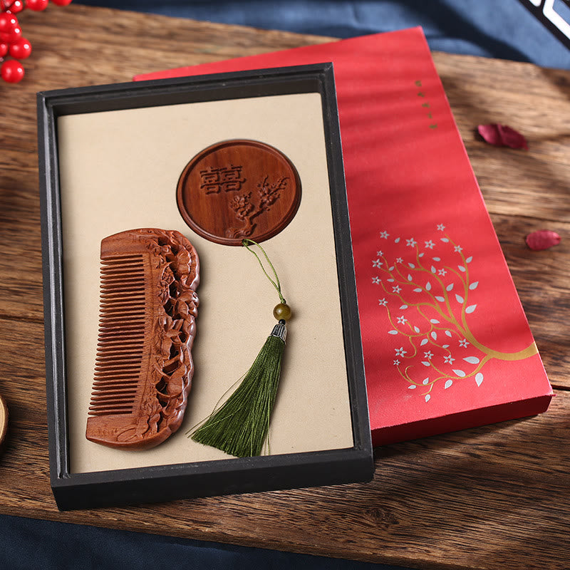 Green Sandalwood Rosewood Lotus Engraved Soothing Comb Set – Rosewood Lotus+Double Happiness Round Mirror, angled view