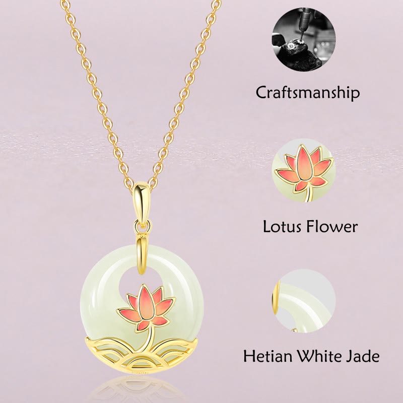 Sterling Silver Hetian White Jade Lotus Necklace – Hetian jade pendant with lotus enamel, handcrafted