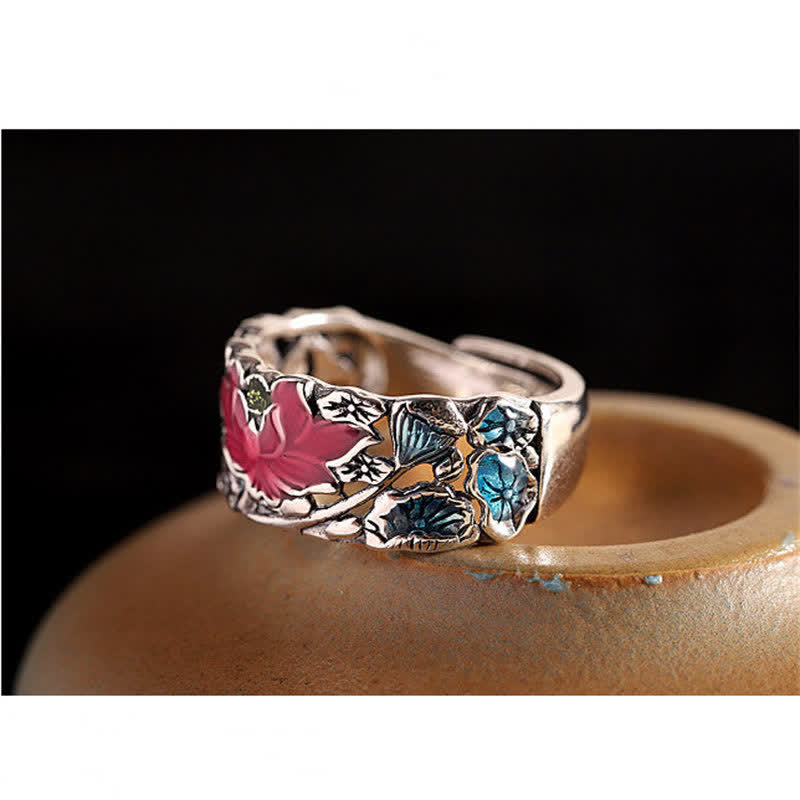 Sterling Silver Lotus Koi Ring - Pink lotus and blue enamel on oxidized silver band, spiritual ring