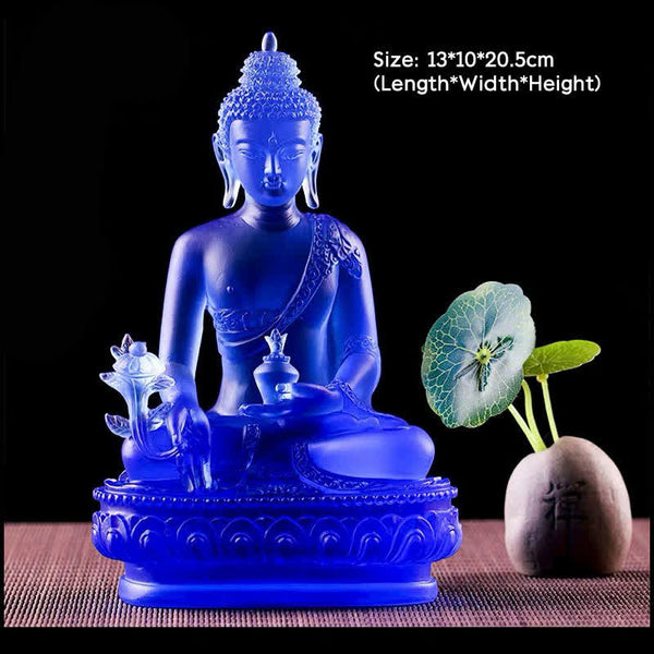 Medicine Buddha Liuli Crystal Statue Handmade Home Office Decoration – teaching mudra liuli Buddha, health knowledge symbol