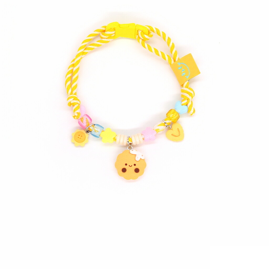 Adjustable Pet Collar – Yellow-white rope with smiley cookie, sunflower & heart, kawaii food necklace