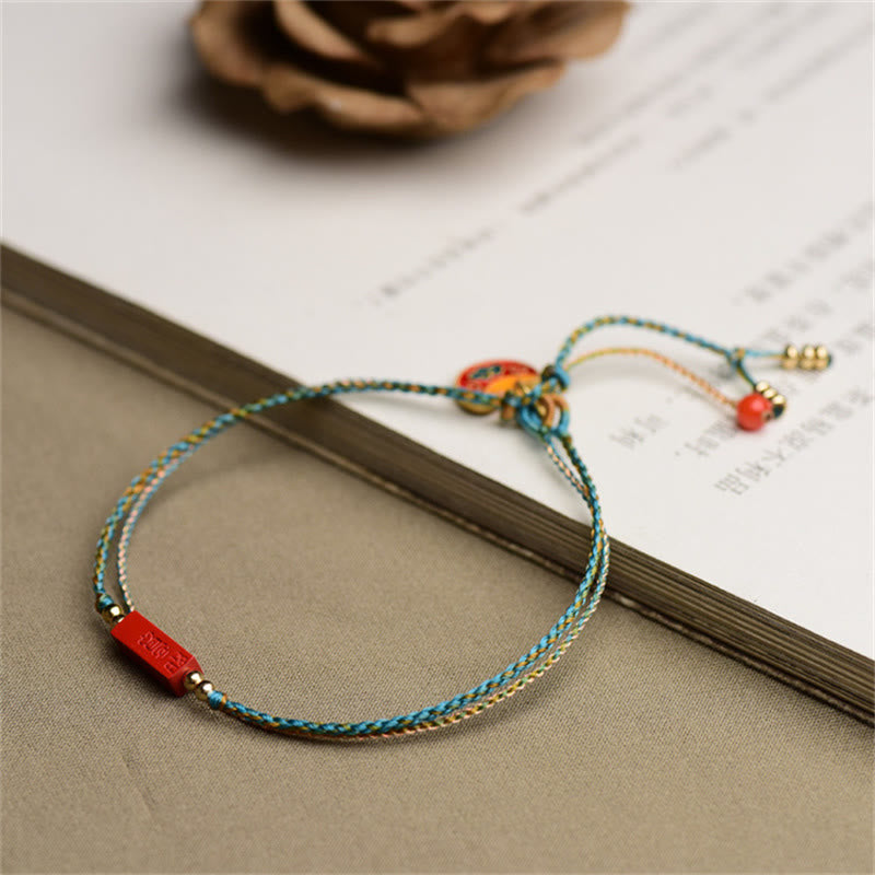 Cinnabar Bracelet - Adjustable braided cord with enamel charm on book, mindfulness jewelry