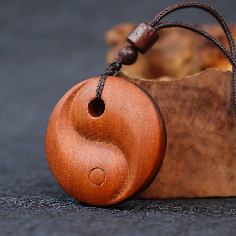 Lightning Struck Jujube Wood Yin Yang Luck Protection Necklace Pendant - Hand-carved wood yin-yang with beads, zen necklace