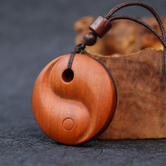 Lightning Struck Jujube Wood Yin Yang Luck Protection Necklace Pendant - Hand-carved wood yin-yang with beads, zen necklace