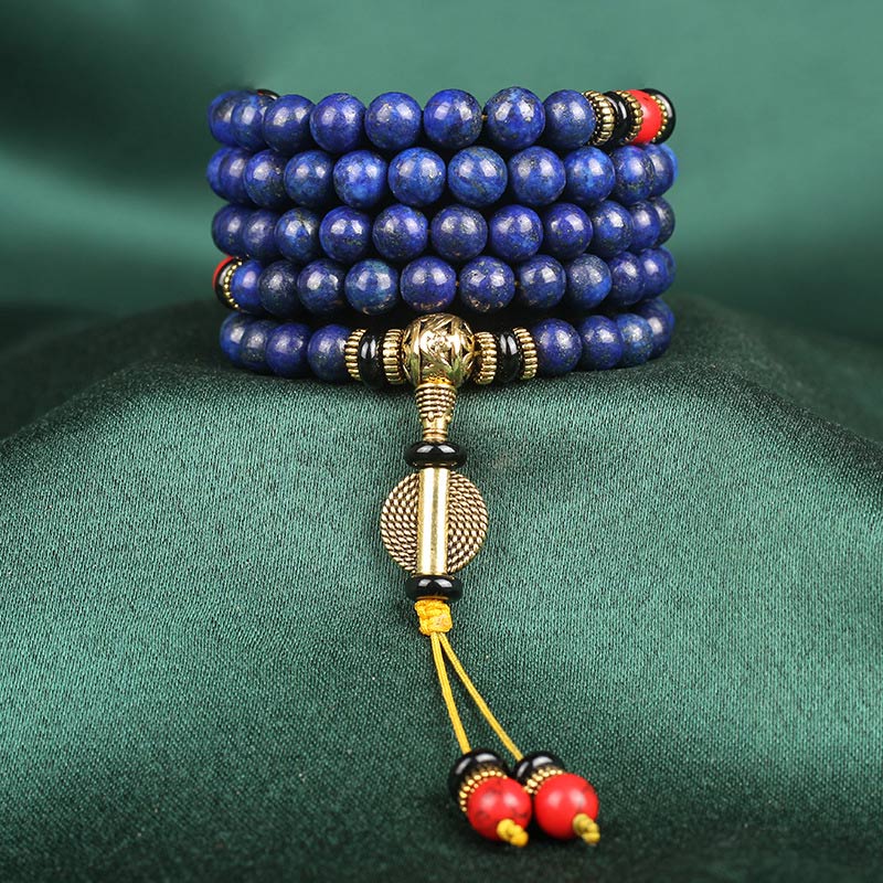 Lapis Lazuli Red Turquoise Tibetan Mala Bracelet five-row coil on green silk, 108 royal blue lapis beads with natural pyrite, red cinnabar markers, gold guru bead with dharma wheel pendant, three-strand yellow tassel