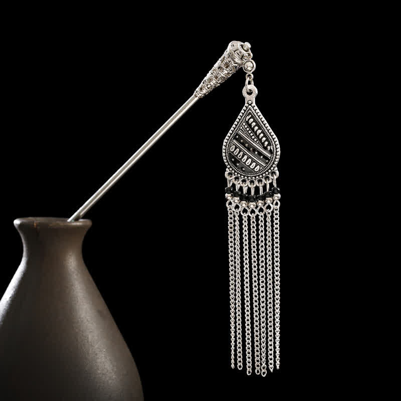 Water Drop-Black silver tassel hairpin with black teardrop pendant