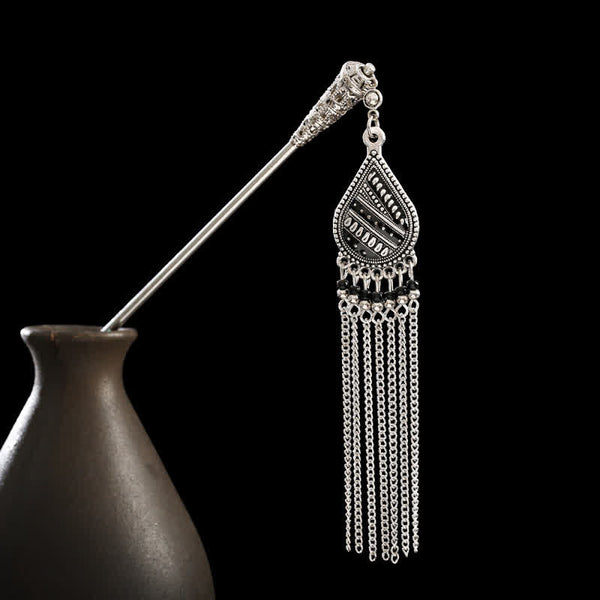 Water Drop-Black silver tassel hairpin with black teardrop pendant