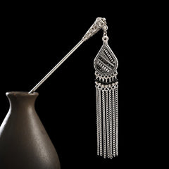 Water Drop-Black silver tassel hairpin with black teardrop pendant