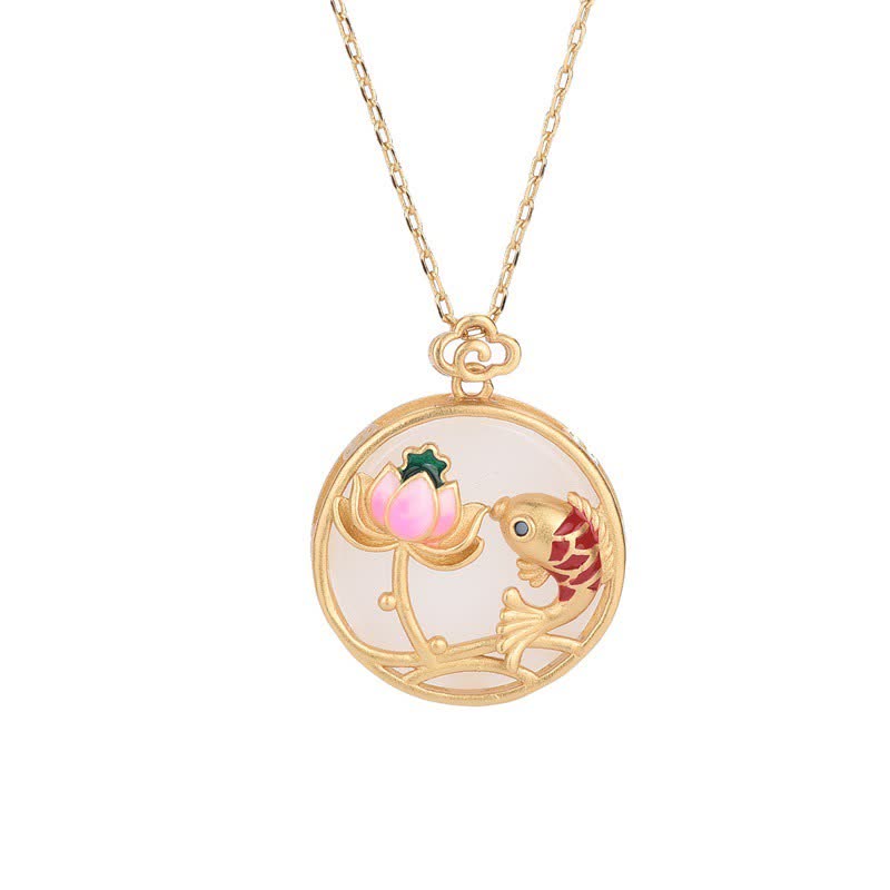 White Jade Koi Necklace – Side angle showing jade thickness and alloy bail, carved jade fish pendant