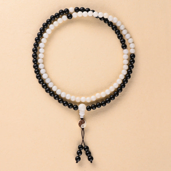 Ebony Yin Yang Protection Mala - meditation mala on neutral background with guru bead, healing necklace