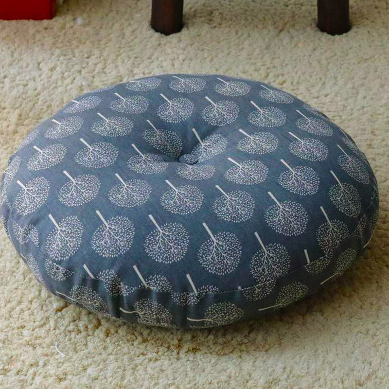 Lotus Linen Meditation Cushion – Navy tree silhouette on cream fabric, nature print