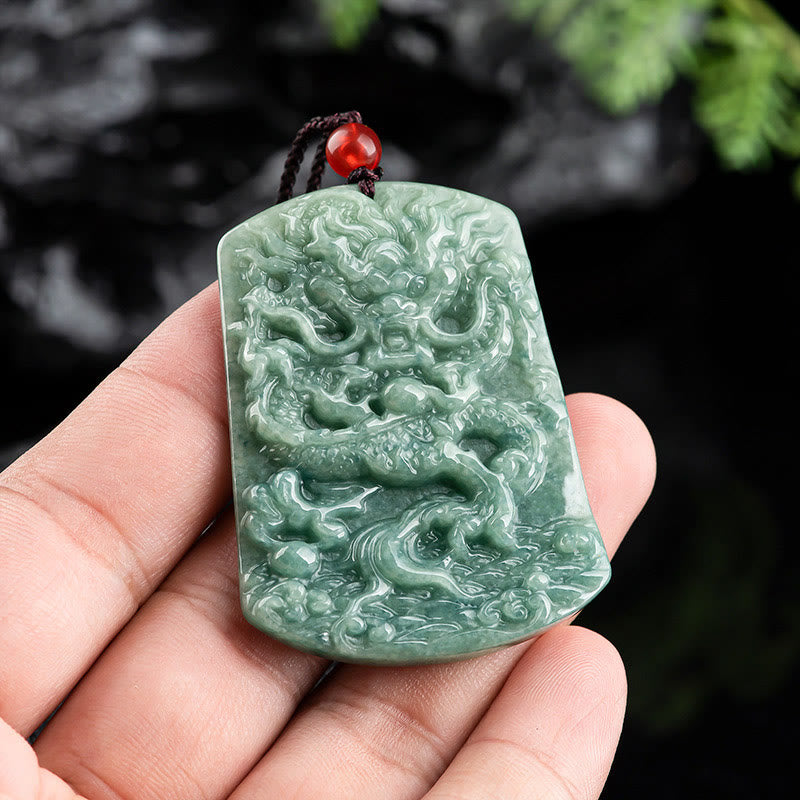 Natural Jade Dragon Pendant – Green jade dragon necklace worn with navy tangzhuang, Cultural style