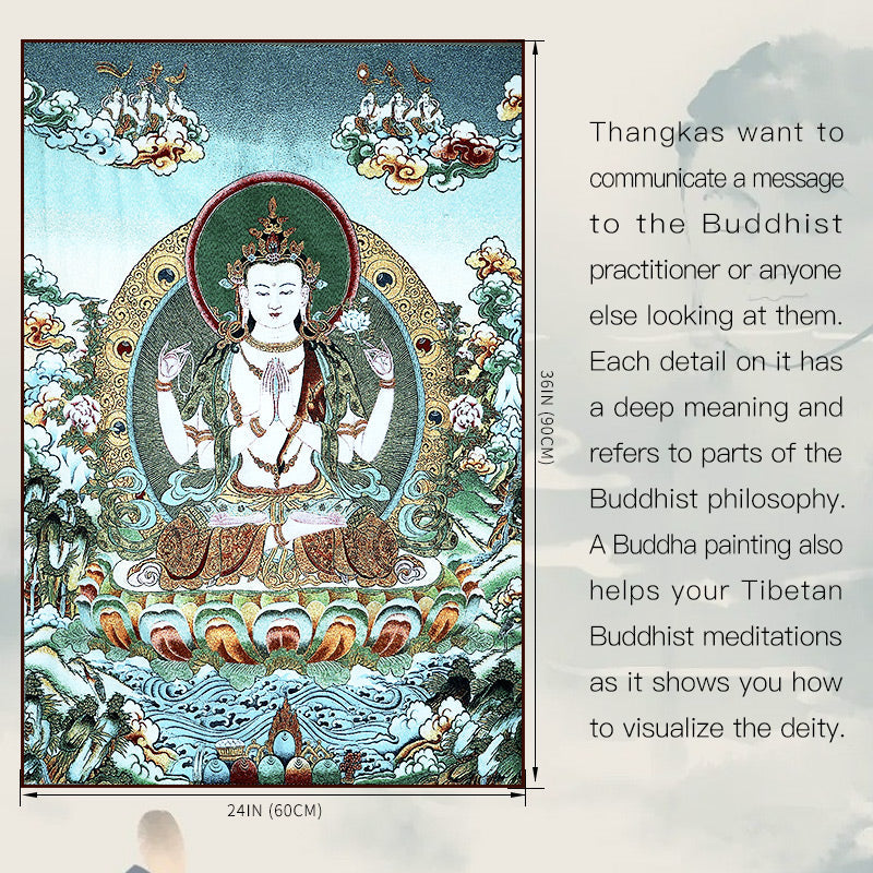 Tibetan Embroidery White Tara Thangka Tapestry – celestial figures clouds, fine stitch, Tibetan craft