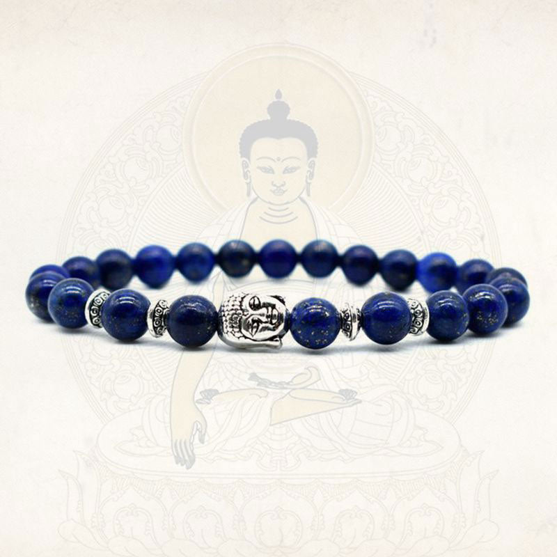 Amethyst Buddha Bracelet – Lapis lazuli front view with Buddha silhouette background, serenity jewelry