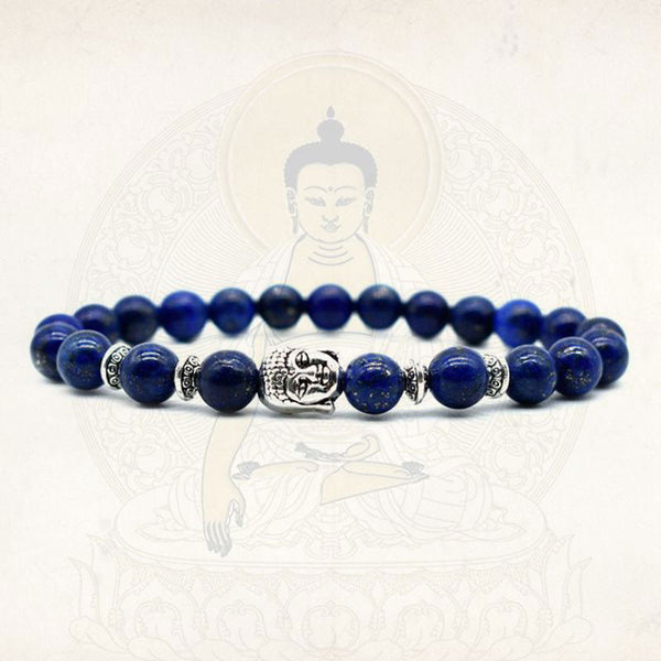 Amethyst Buddha Bracelet – Lapis lazuli front view with Buddha silhouette background, serenity jewelry