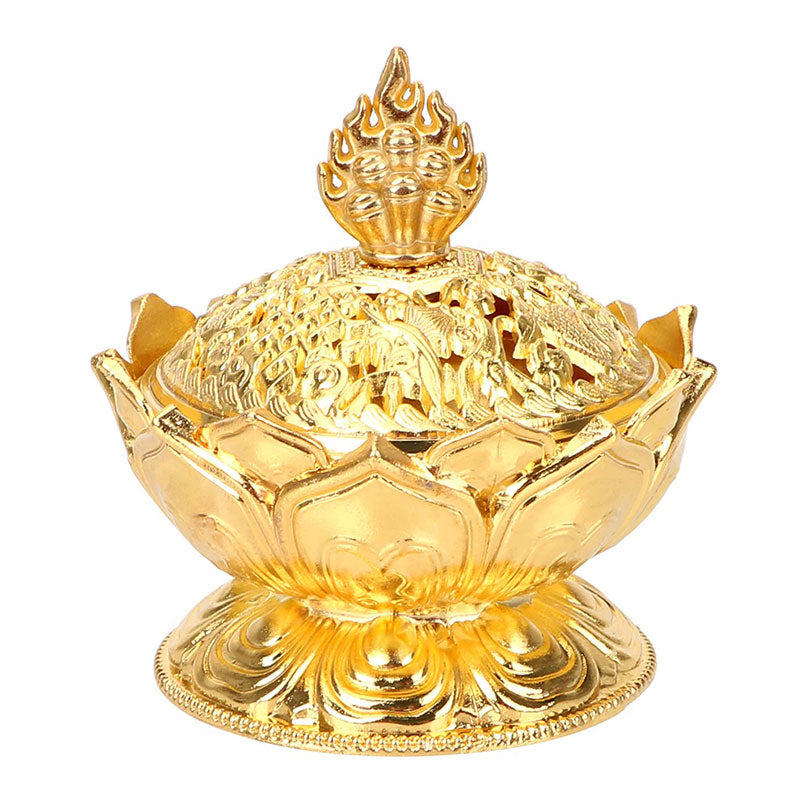 Lotus Shaped Incense Burner - Three lotus censers gold bronze copper triangular arrangement, Prosperity trio