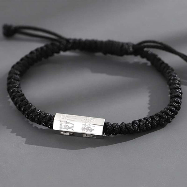 925 Sterling Silver Letter Blessing String Bracelet – Black braided cord with silver engraved mystical rune-style bar bead on neutral gray background