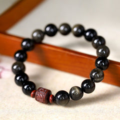 Gold Sheen & Rainbow Obsidian Fu Bracelet – gold-sheen obsidian beads with carved wooden center, crystal jewelry