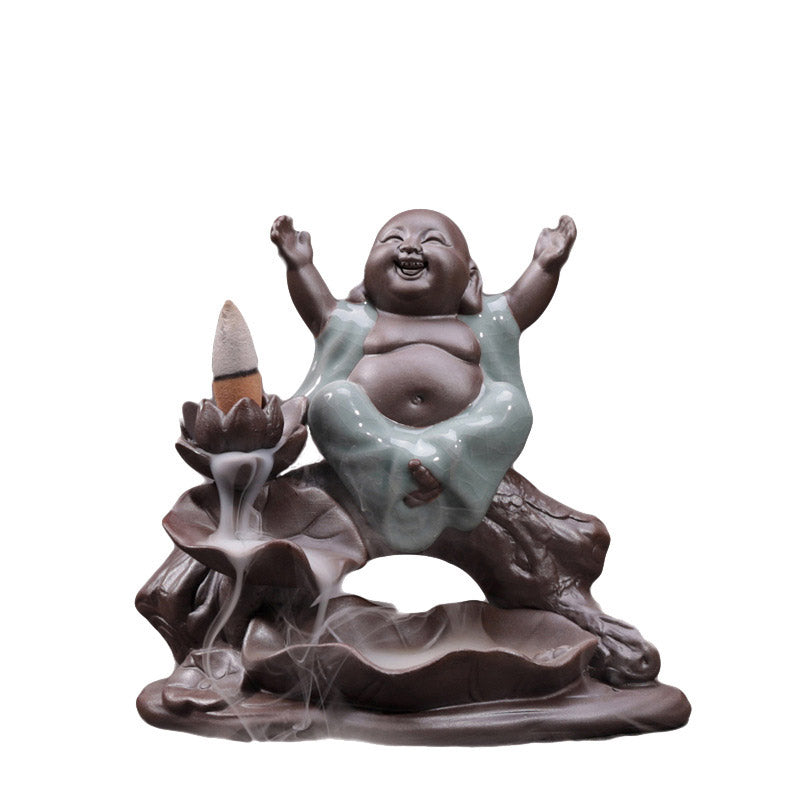 Little Monk Ceramic Incense Burner - Monk figurine on white background, backflow incense lotus base, meditation decor