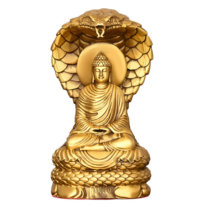 Buddha Shakyamuni Snake Copper Statue Home Offering Decor – green patina snake body, aged bronze aesthetic