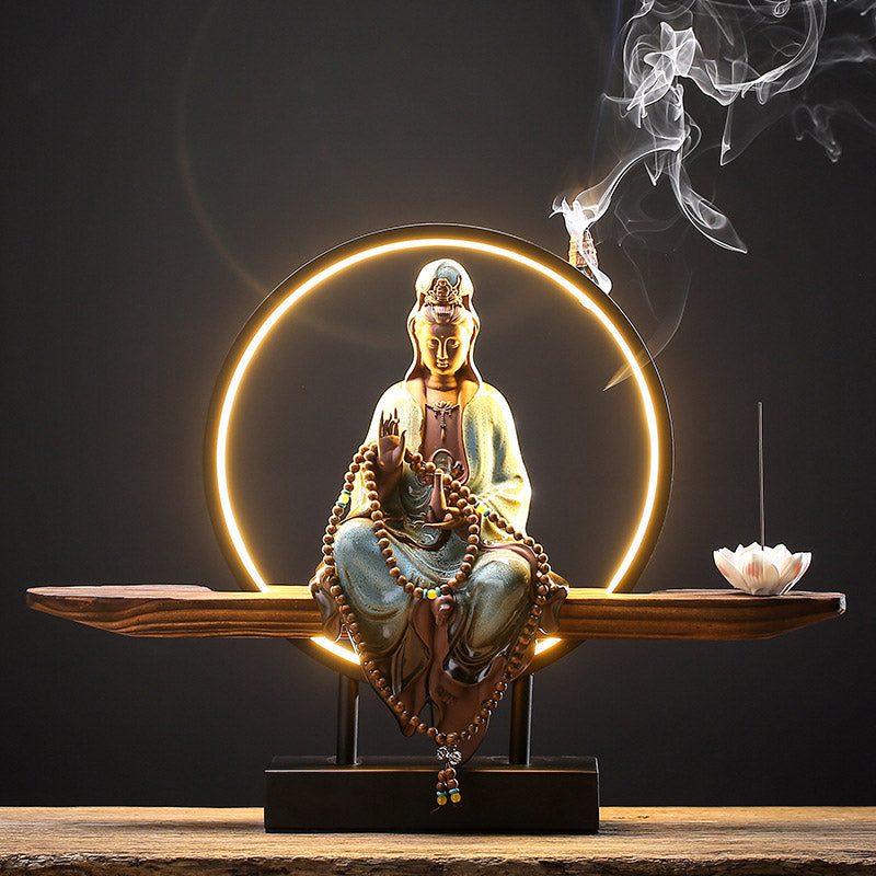 Buddha Avalokitesvara Ceramic Lotus Relaxation Incense Burner – Miniature Avalokitesvara burner, peaceful meditation piece