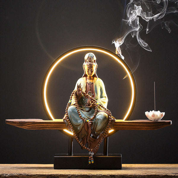 Buddha Avalokitesvara Ceramic Lotus Relaxation Incense Burner – Miniature Avalokitesvara burner, peaceful meditation piece