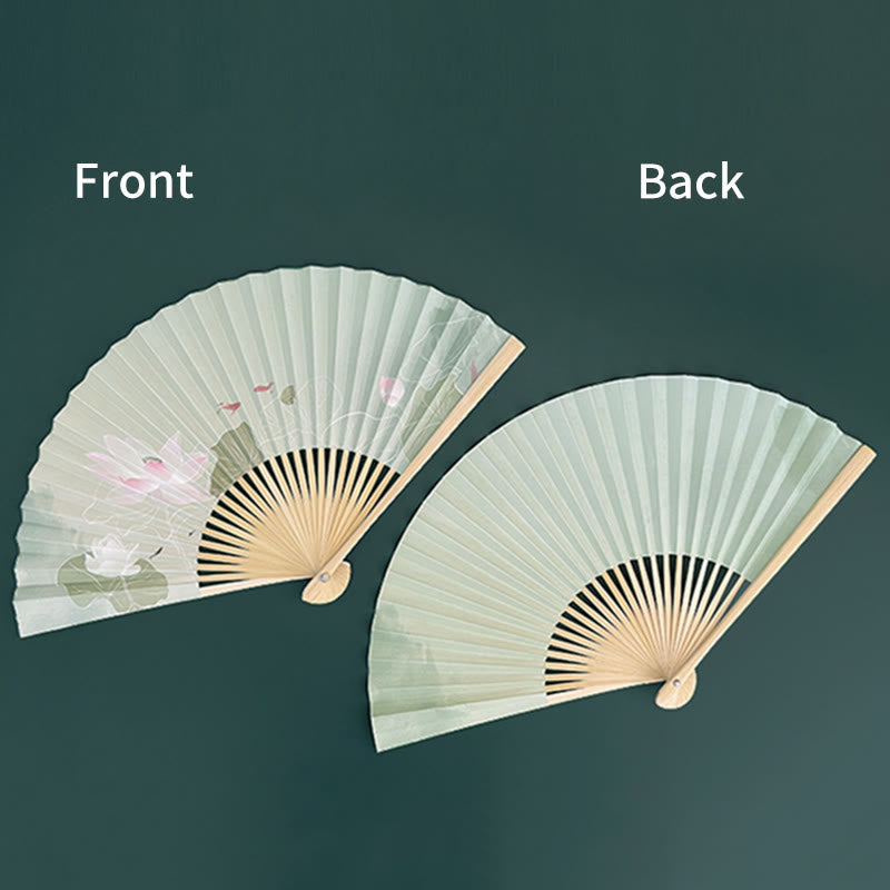 Lotus Koi Fish Folding Fan - front lotus artwork and plain back side comparison, traditional