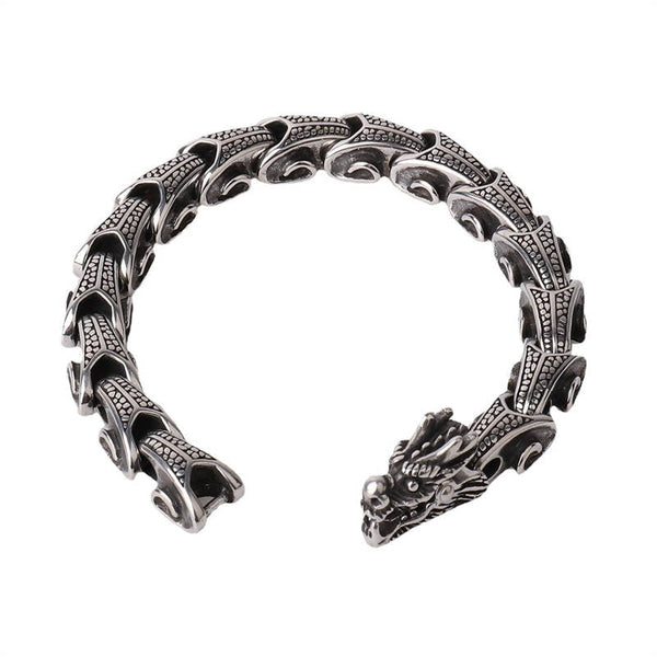 Dragon Titanium Steel Luck Bracelet Bangle - flat top-down view showing full open design and scale engraving, protective