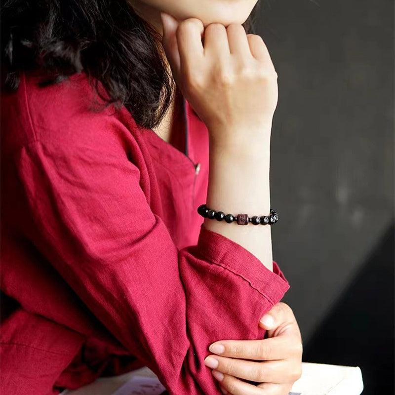 Gold Sheen & Rainbow Obsidian Fu Bracelet – styled with rolled red sleeve, mens bead bracelet