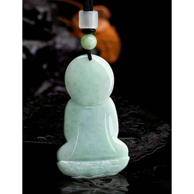 Amitabha Buddha Jade String Necklace - Abstract faceless Buddha with rectangular white bead accent