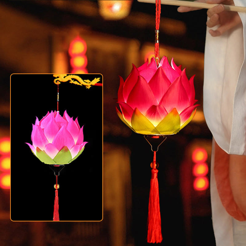 DIY Lotus Dragon Lantern Tassel Lamp – Hot pink lotus lantern with dragon inset in festival night, Bloom radiance