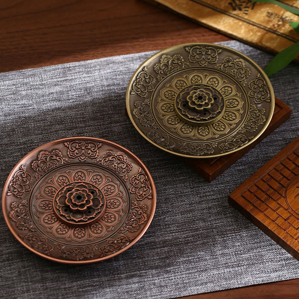 Lotus Dragon Phoenix Burner – copper and brass color variants on gray fabric, harmonious