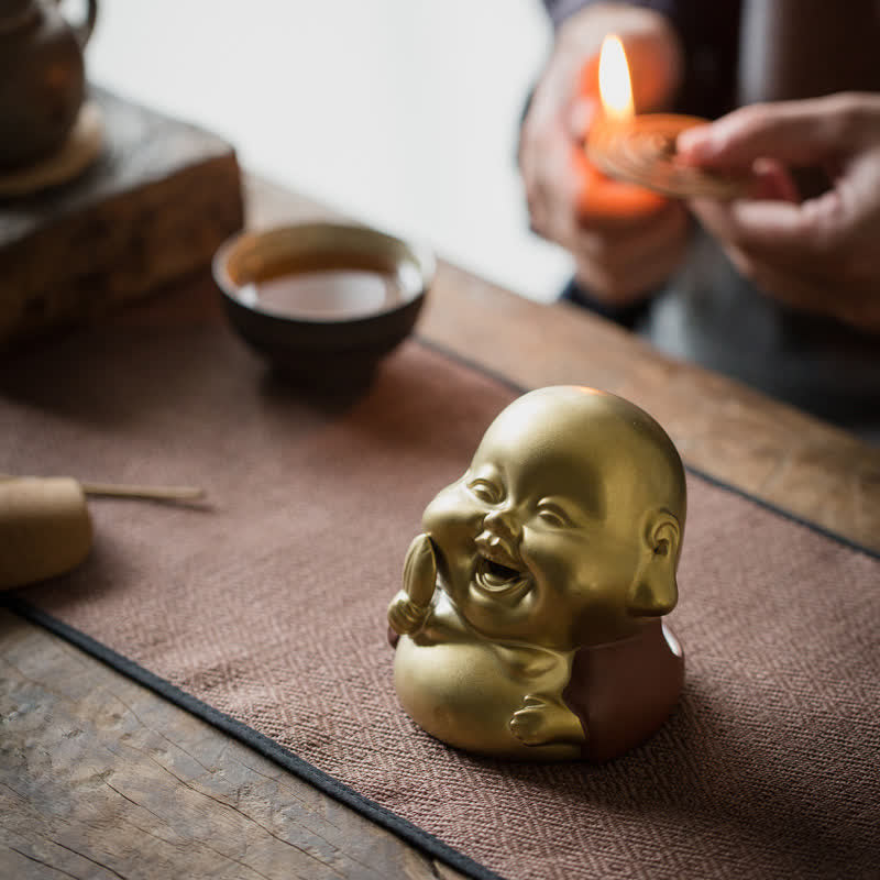 Laughing Buddha Ceramic Holder – glossy glaze traditional robes, incense stick burner piece