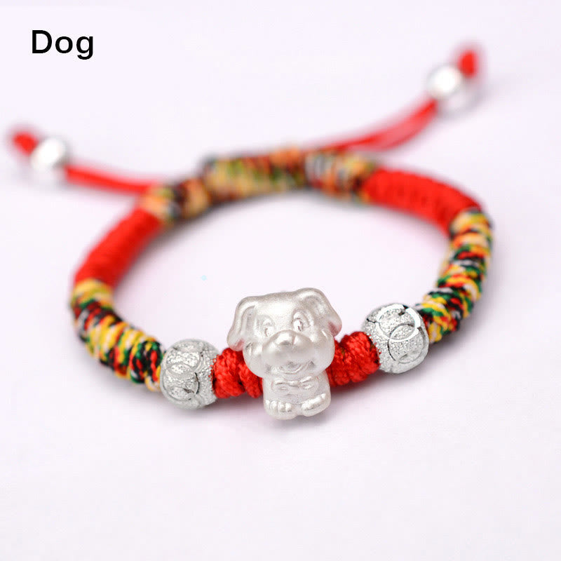 999 Sterling Silver Zodiac Red Rope Kids Bracelet - Pig charm on red cord with beads on teal velvet, lucky jewelry