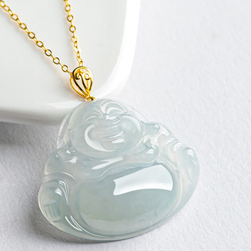 Laughing Buddha Jade Pendant Necklace – Smooth polished jade surface with natural veins, healing crystal