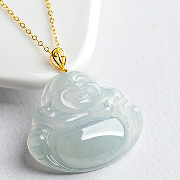 Laughing Buddha Jade Pendant Necklace – Smooth polished jade surface with natural veins, healing crystal