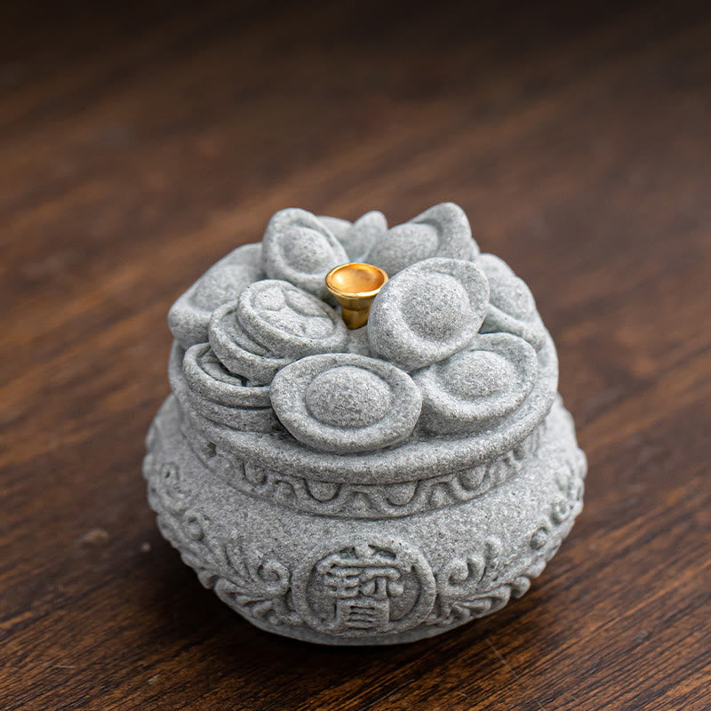 Fu Character Sandstone Incense Burner – bao treasure character body with coin lid, sandstone incense burner