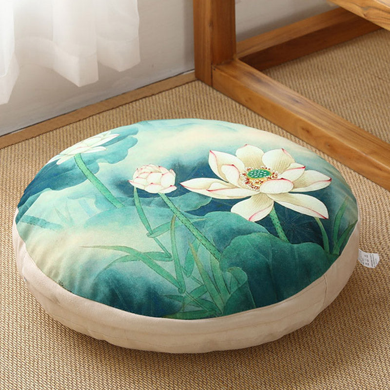 Lotus Linen Meditation Cushion – Teal lotus watercolor on natural linen, zen art
