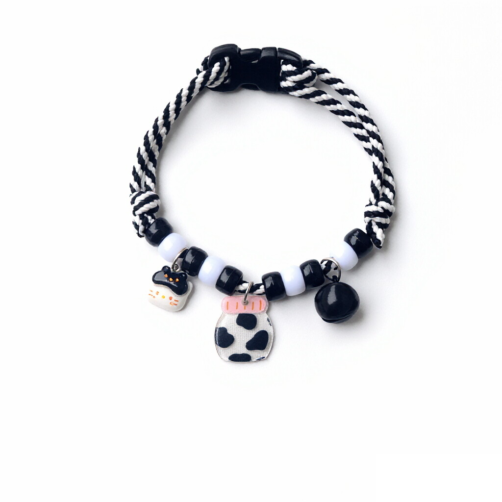 Cute Cat Collar – Black-white rope with cow milk bottle, cat face & black bell, kawaii pet collar