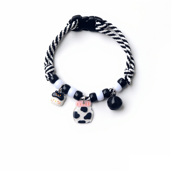 Cute Cat Collar – Black-white rope with cow milk bottle, cat face & black bell, kawaii pet collar