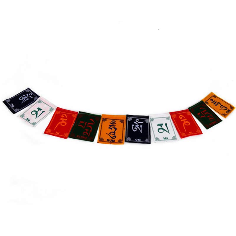 Tibetan Prayer Flags – Full string of ten flags on white background showing complete mantra sequence, spiritual banner