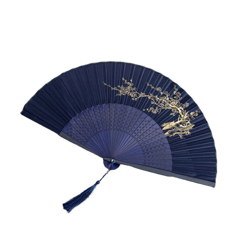 Crane Fan Pair – Two navy folding fans with gold cranes, butterflies, and floral details, silk fan