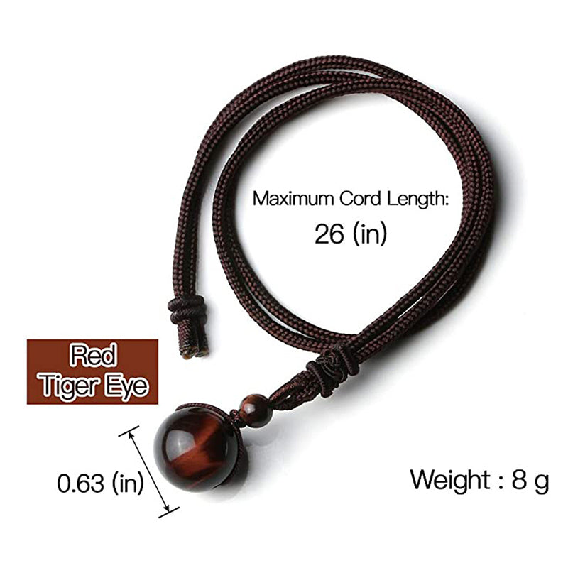 Tibetan Tiger Eye Obsidian Amethyst Protection Necklace – Red Tiger Eye sphere pendant necklace with product specs, dark brown adjustable cord