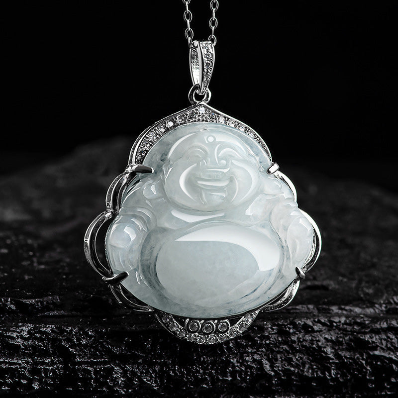 Natural Jade Pendant – laughing Buddha detail, prosperity necklace