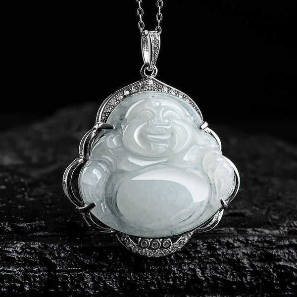 Natural Jade Pendant – laughing Buddha detail, prosperity necklace