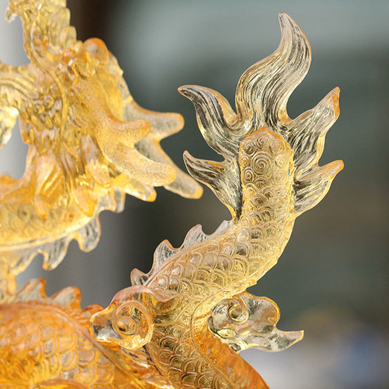 Chinese Zodiac Yellow Dragon Liuli Art Piece - upper body close-up showing dragon mane and flowing scales, protection
