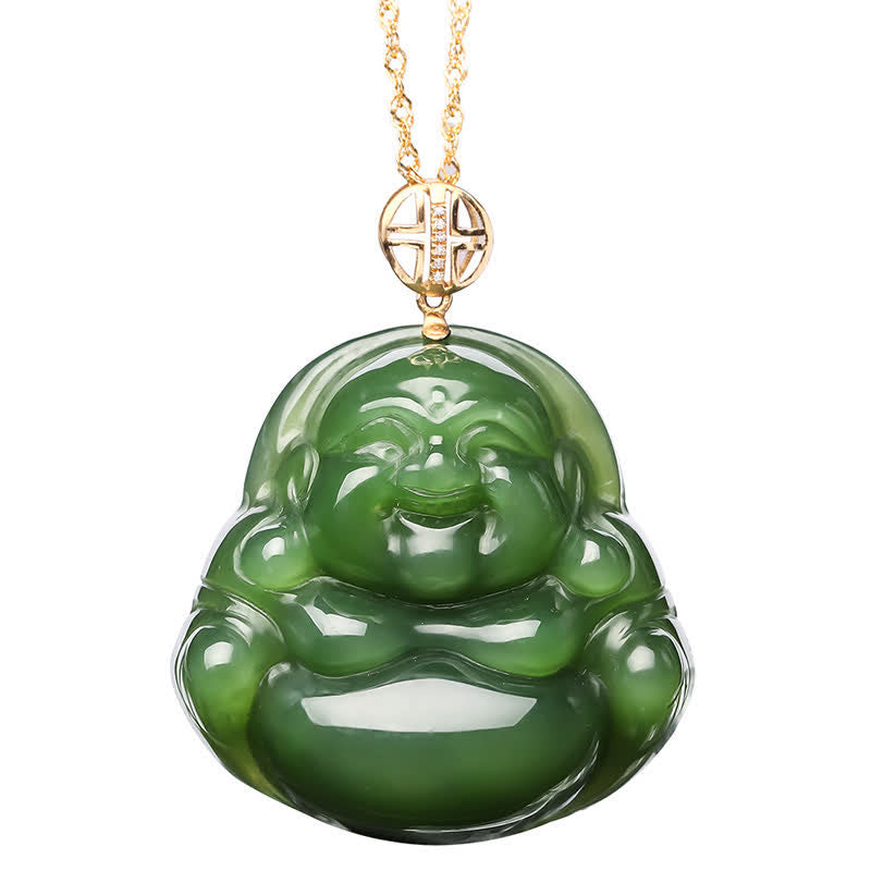 Laughing Buddha Cyan Jade Necklace – laughing buddha joyful face macro, detailed buddha pendant expression