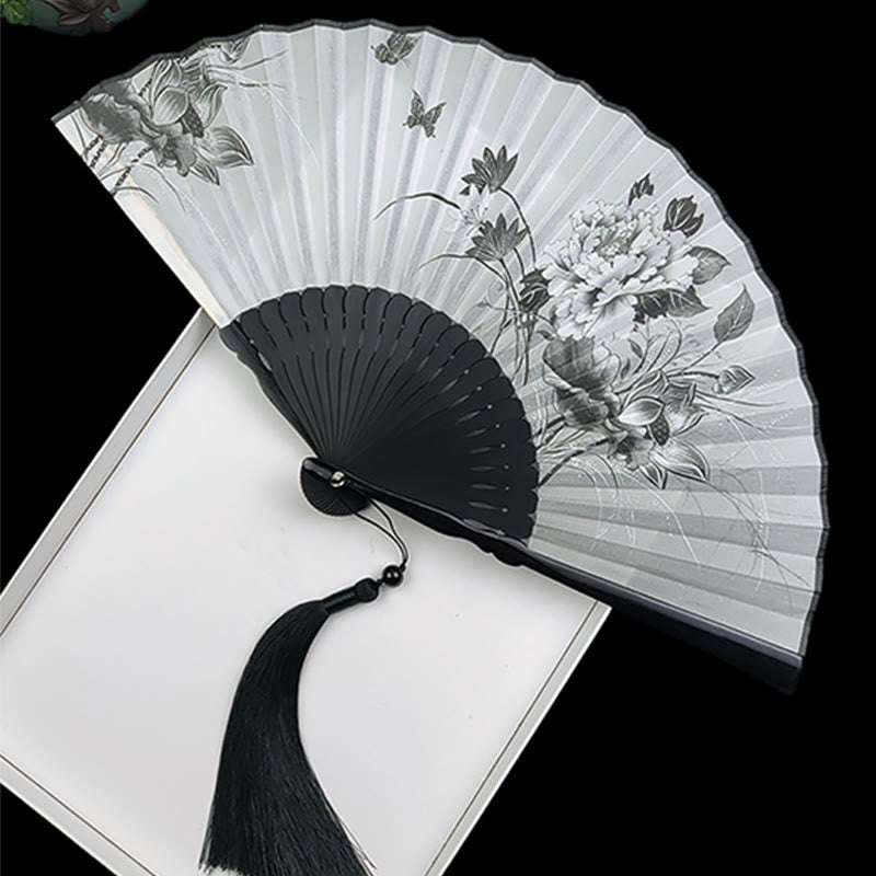 Vintage Silk Folding Fan - Ink wash birds on plum blossom branches with silk tassel, bird fan