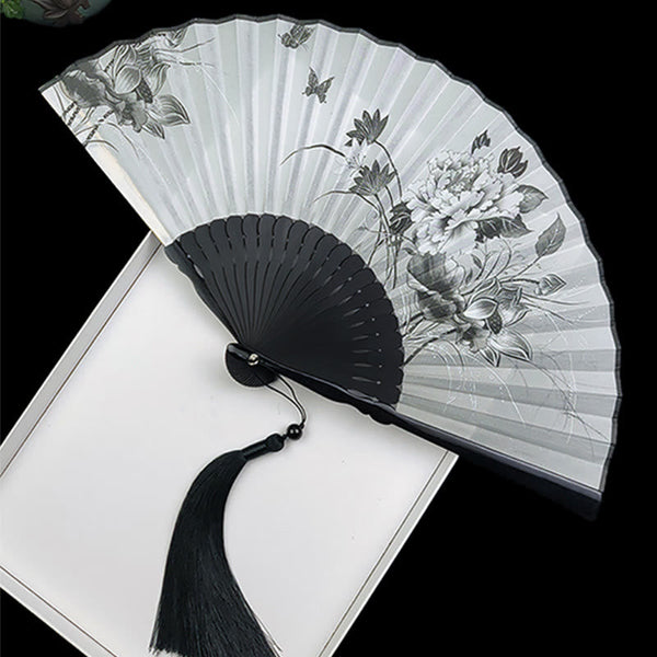 Vintage Silk Folding Fan - Ink wash birds on plum blossom branches with silk tassel, bird fan