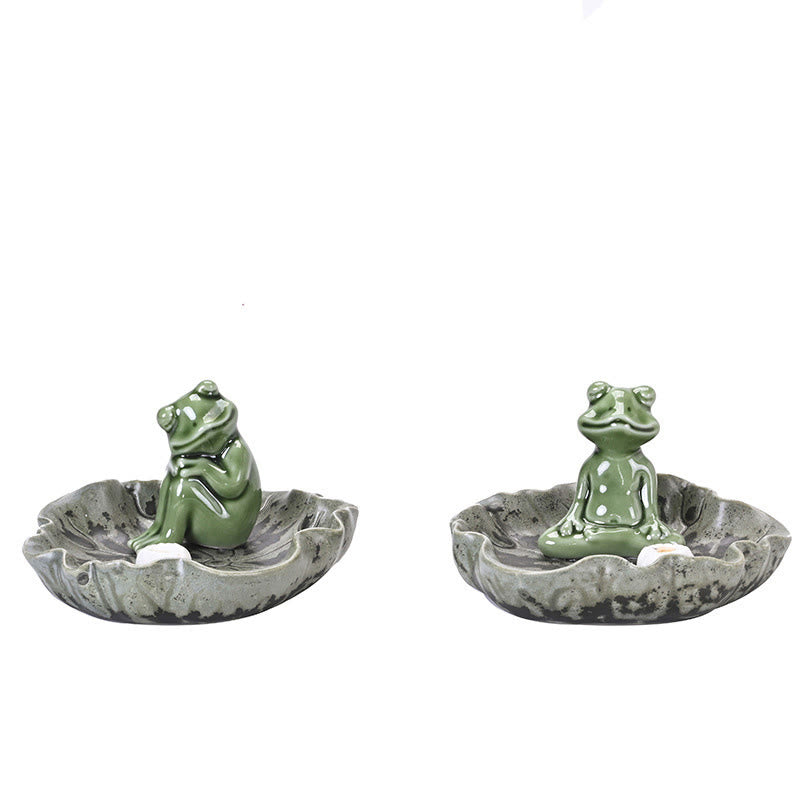 Ceramic Frog Incense Burner – Two frog poses on white, green and gray, Whimsical pair
